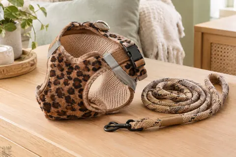 Harnais veste marron léopard en peluche avec laisse en corde et détails réfléchissants