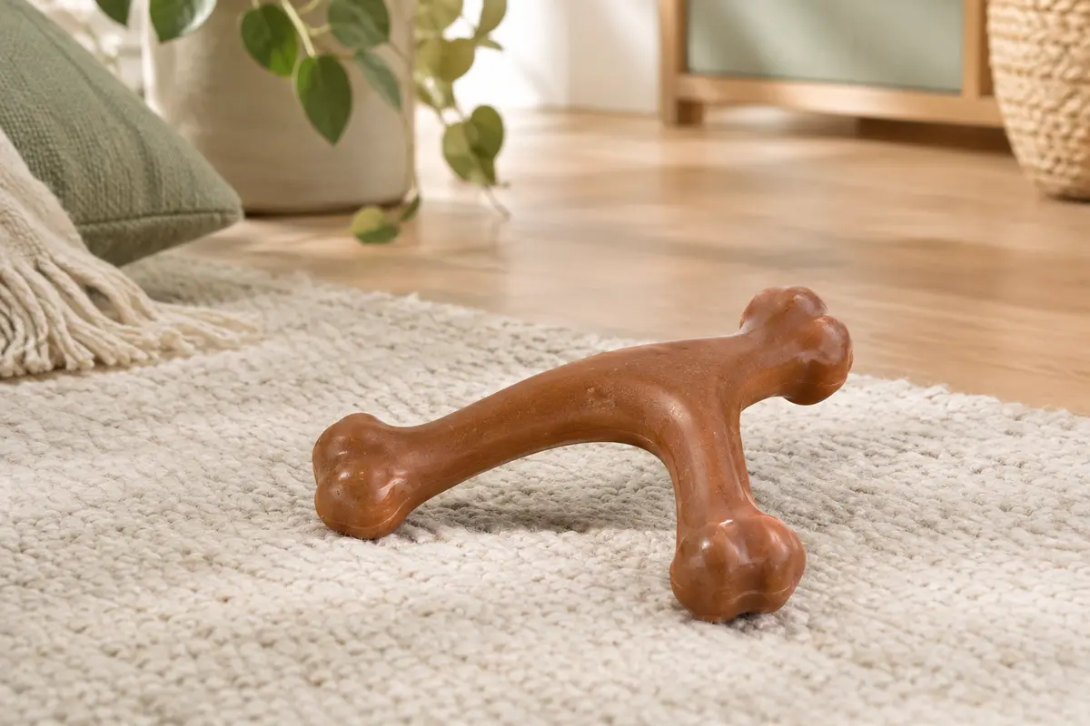 Jouet à mâcher Benebone en nylon, forme Wishbone incurvée et coloris bacon, posé dans un intérieur lumineux.