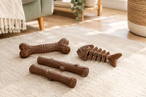 Quatre jouets à mâcher Benebone en nylon marron présentés sur un tapis dans un intérieur lumineux