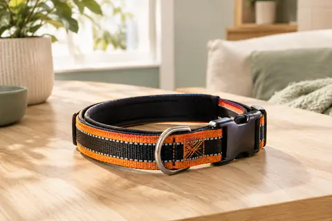 Collier pour chien orange et noir avec doublure en néoprène, boucle métallique et coutures réfléchissantes