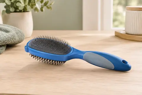 Brosse de toilettage BluePet bleue à deux côtés métalliques posée sur une surface en bois clair