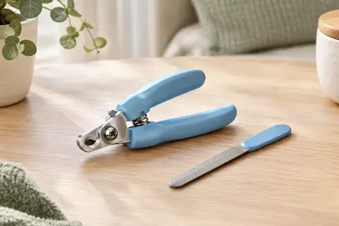 Coupe-griffes mini bleu avec sa lime, posé sur une table en bois clair dans un intérieur lumineux.