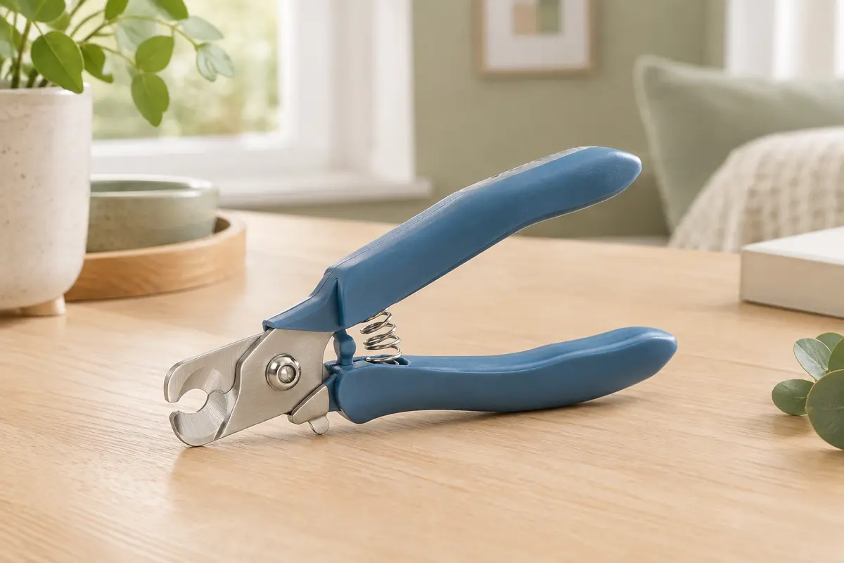 Coupe-griffes Candure bleu avec lame en acier inoxydable posé sur une table en bois clair.