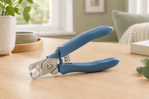 Coupe-griffes Candure bleu avec lame en acier inoxydable posé sur une table en bois clair.