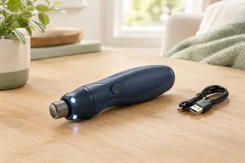 Lime électrique Casfuy bleu marine avec deux LED, posée sur une table en bois clair
