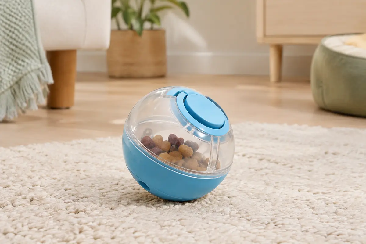 Balle distributrice de friandises Catit en plastique bleu et transparent posée sur un tapis clair dans un intérieur lumineux.