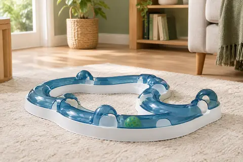 Circuit de jeu Catit bleu et blanc avec balle verte marbrée posé sur un tapis clair.