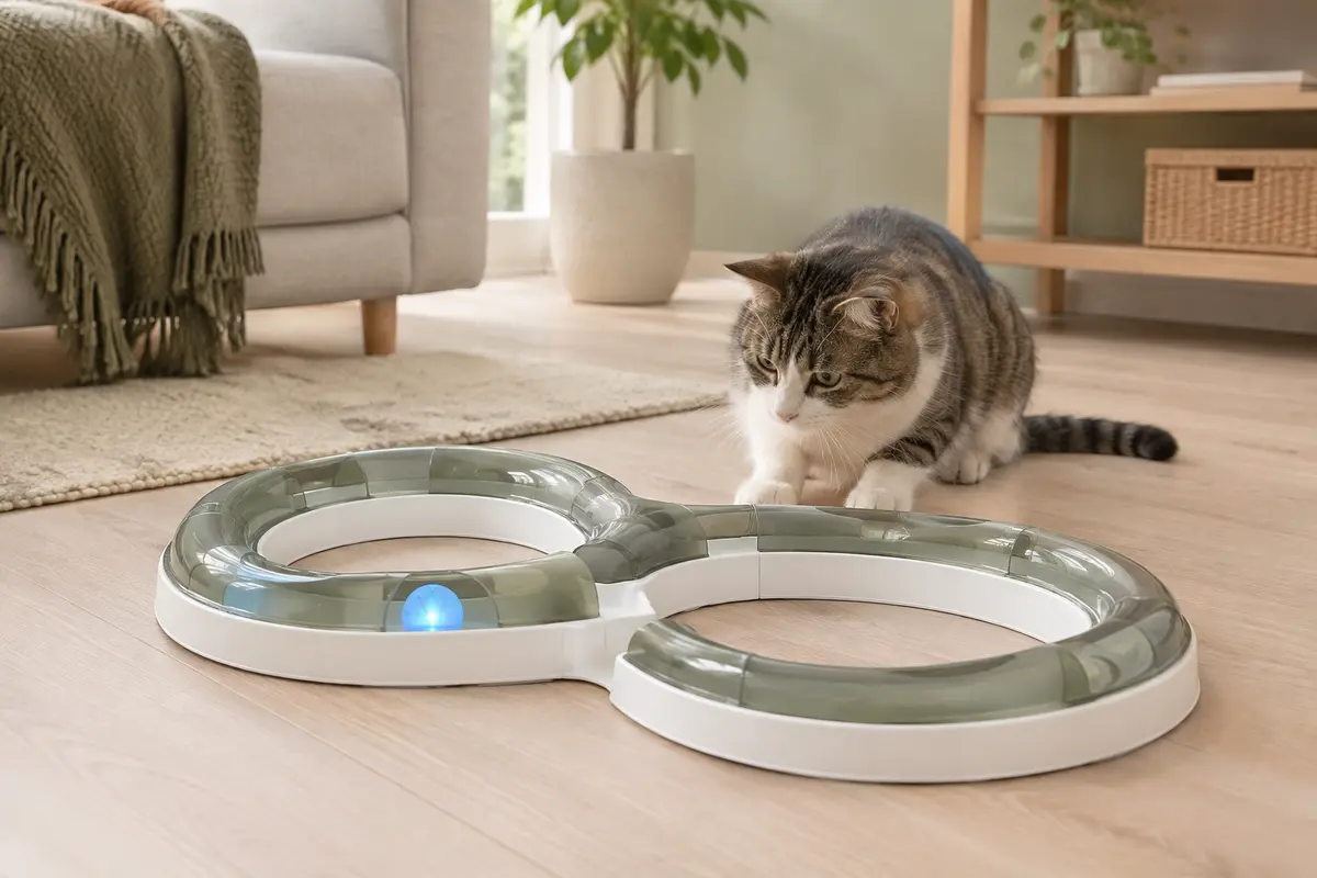 Circuit Catit en plastique formant un huit, avec une balle lumineuse, posé dans un intérieur clair.