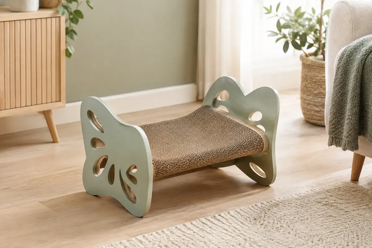 Griffoir pour chat en forme de chaise avec surface ondulée, posé au sol dans un intérieur lumineux