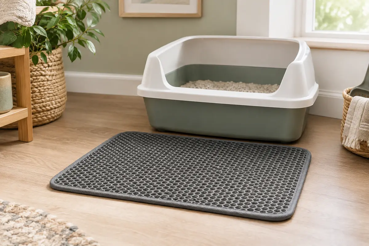 Tapis de litière Catit gris en polyester posé devant un bac dans un intérieur lumineux