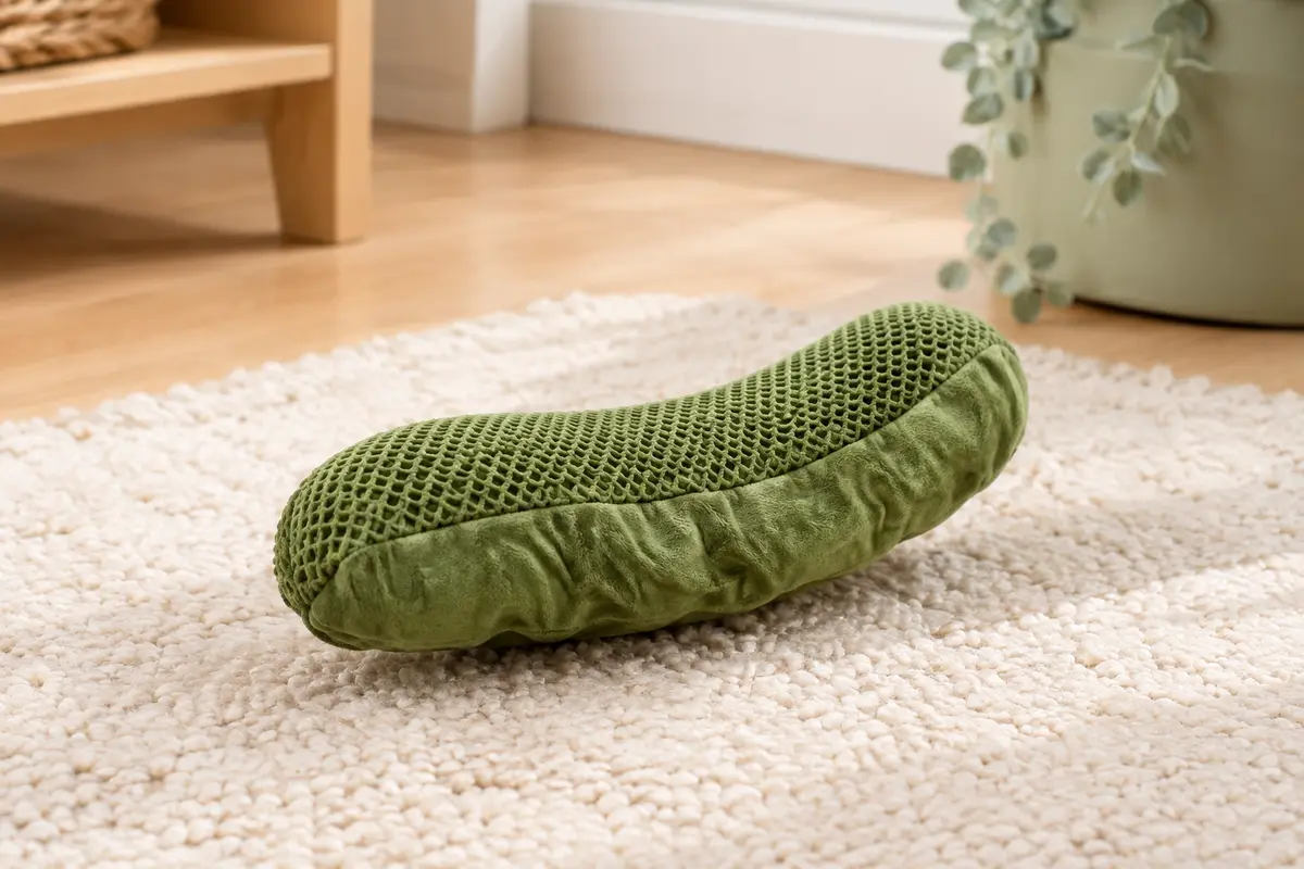 Jouet pour chat vert en forme de cornichon allongé, avec maille texturée et tissu froissé