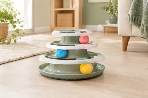 Tour de jeu pour chat à trois niveaux avec trois balles colorées, posée dans un intérieur lumineux