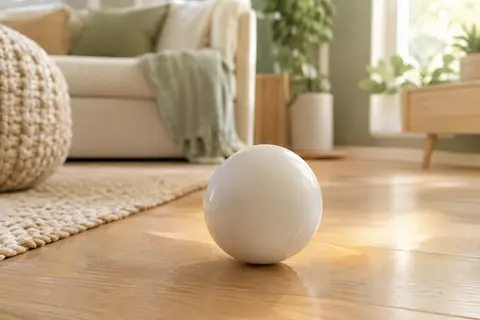 Balle ronde blanche en caoutchouc pour chien, présentée dans un intérieur lumineux aux tons crème et bois clair.