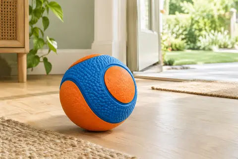 Balle pour chien XL en caoutchouc bleu et orange, posée dans un intérieur lumineux près d’un jardin.