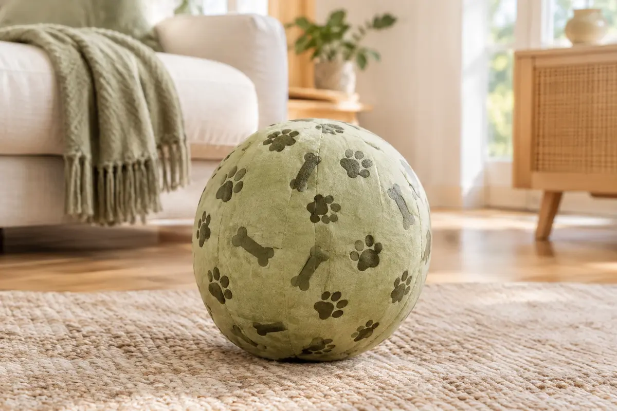 Balle ronde Chuckit pour chien, à motif animal, posée dans un intérieur lumineux aux tons naturels.