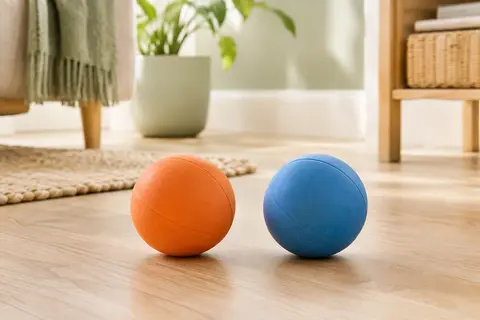 Deux balles rondes Chuckit ! orange et bleue en caoutchouc naturel posées sur un sol en bois clair.
