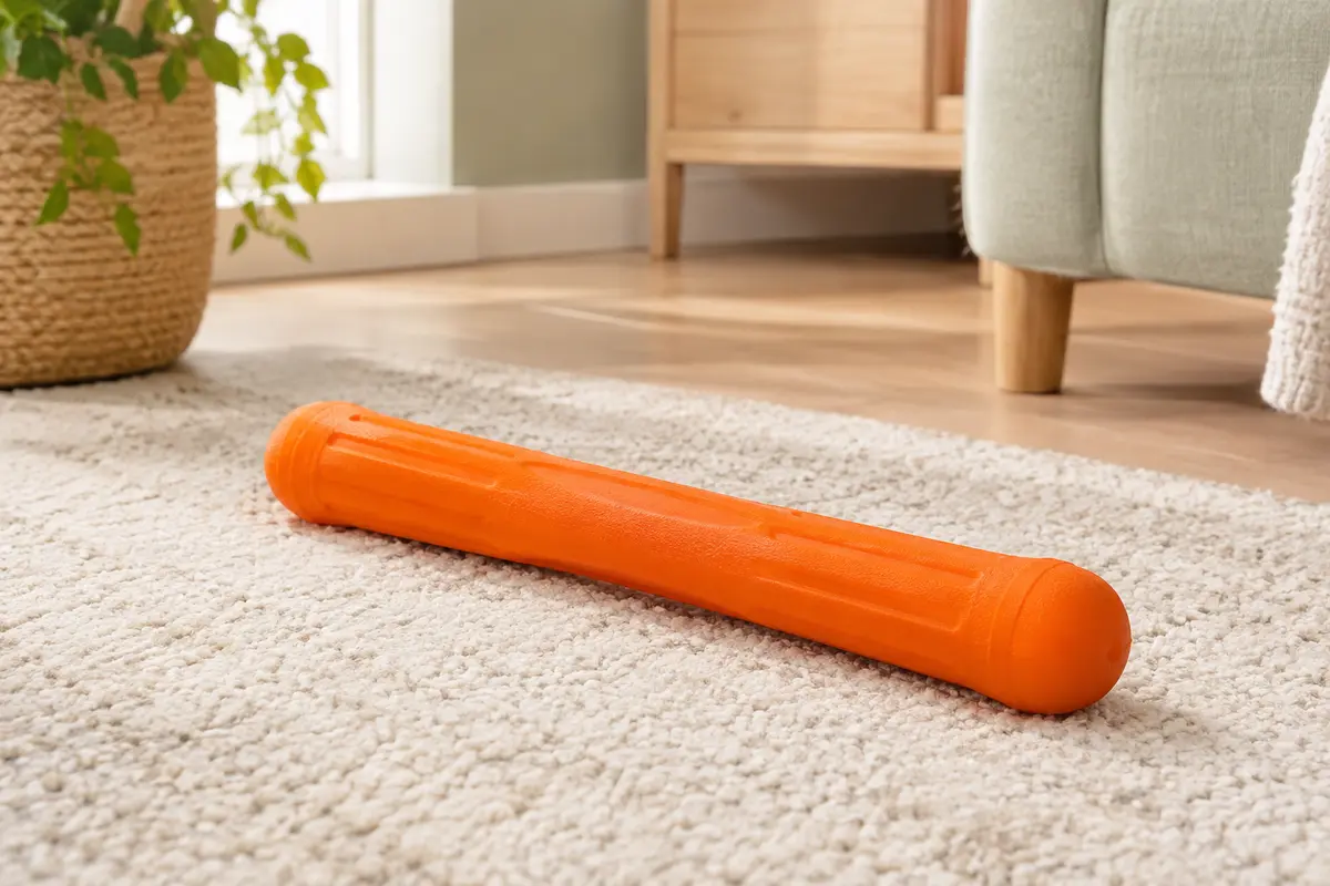 Bâton orange en caoutchouc synthétique posé sur un tapis clair dans un intérieur lumineux