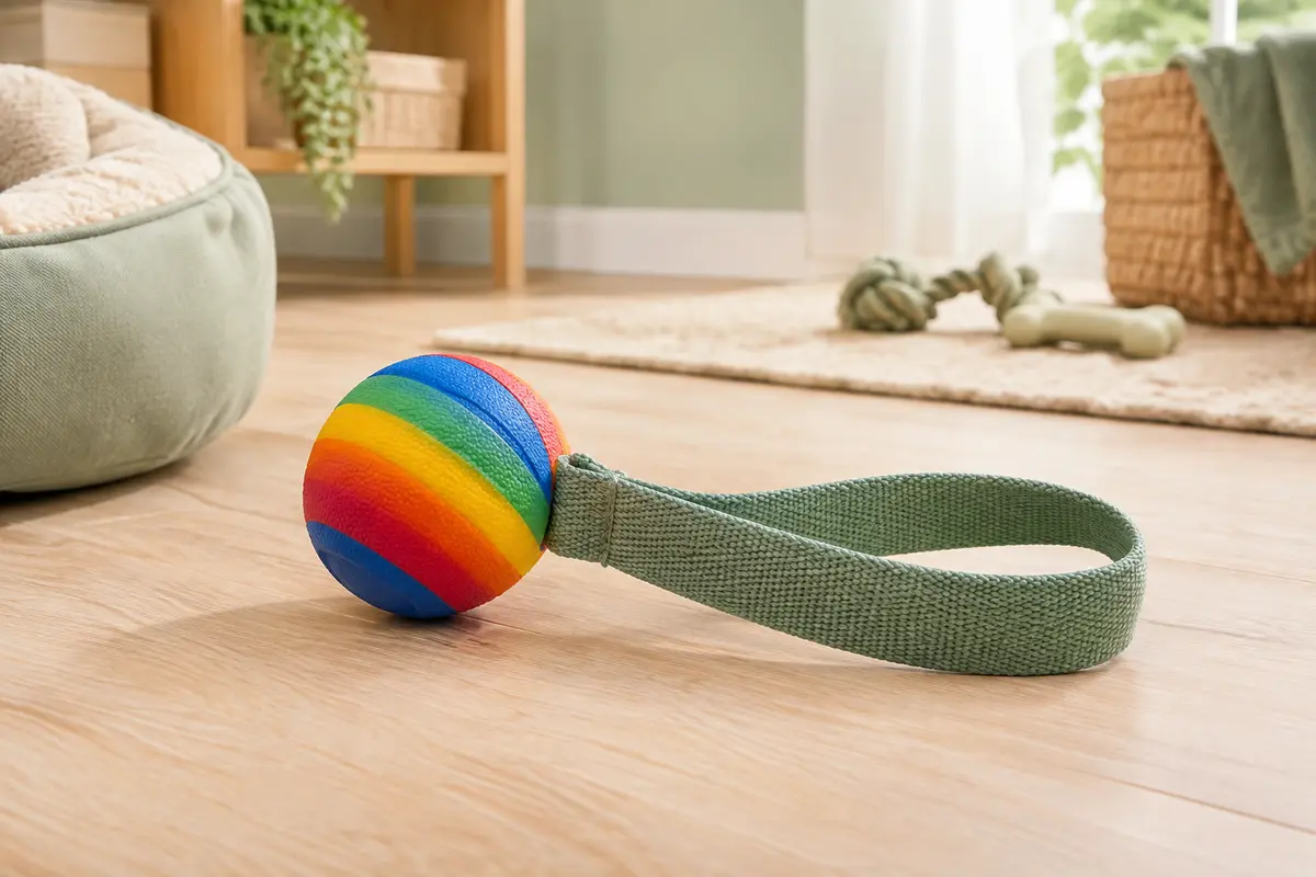 Jouet pour chien composé d’une balle en caoutchouc rayée multicolore et d’une bande de lancer