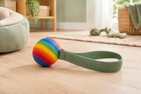 Jouet pour chien composé d’une balle en caoutchouc rayée multicolore et d’une bande de lancer