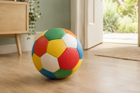 Balle ronde multicolore Chuckit ! en caoutchouc posée sur un sol en bois clair dans un intérieur lumineux.