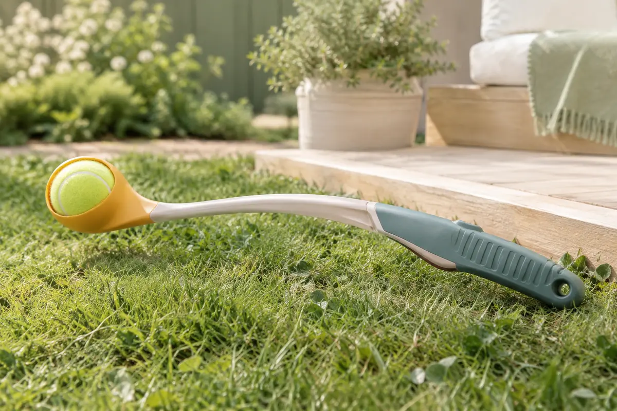 Lanceur de balle Chuckit en plastique multicolore avec sa balle de tennis, posé dans un jardin lumineux.