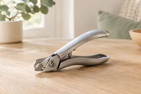 Coupe-griffes Cleanse argenté à lame concave posé sur une surface en bois clair.
