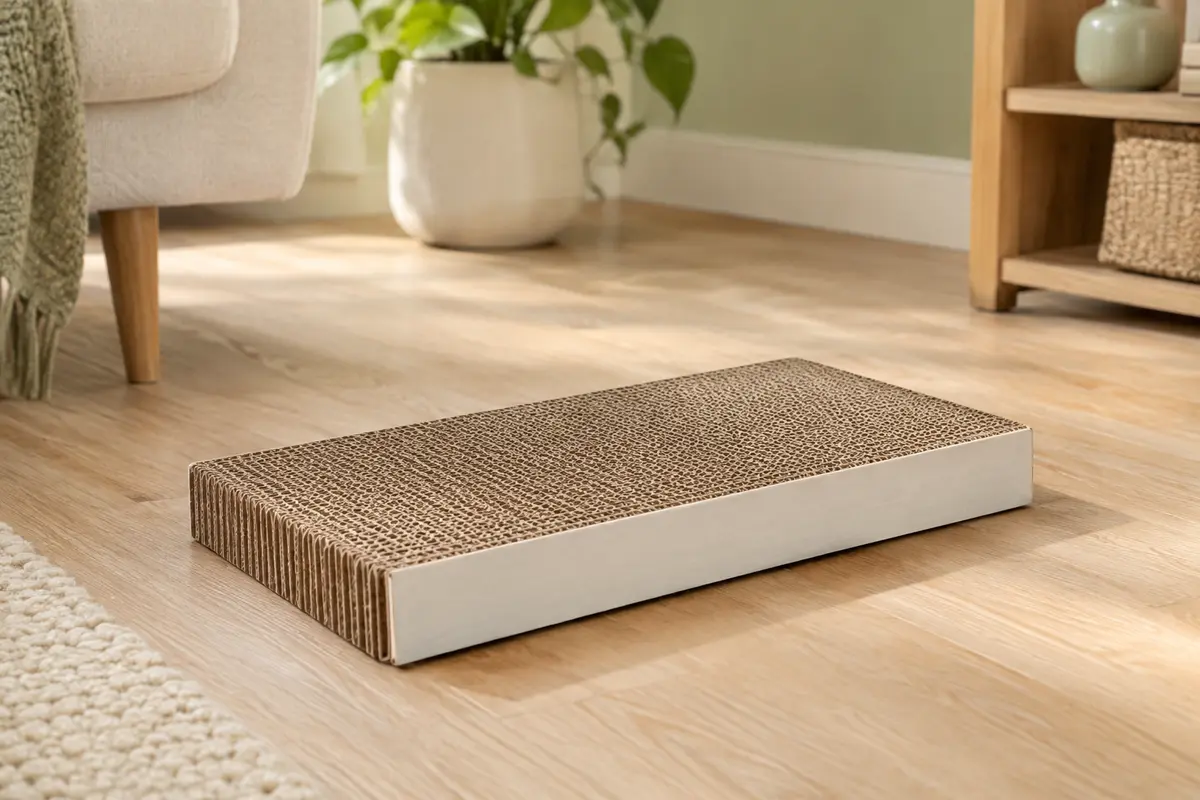 Griffoir réversible Coching en carton ondulé blanc moyen, posé au sol dans un intérieur lumineux.