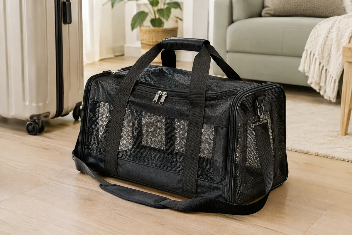 Sac de transport Conlun noir à mailles sur quatre côtés, posé dans un intérieur lumineux près d’une valise.