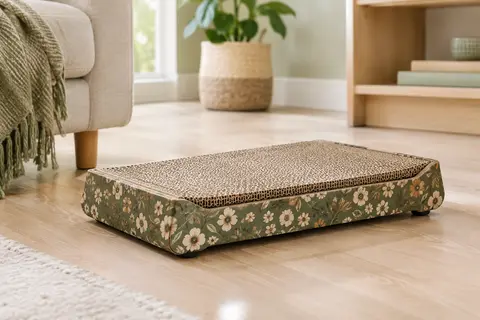 Griffoir Croci en carton réversible, dans un support floral marron et vert avec pieds antidérapants