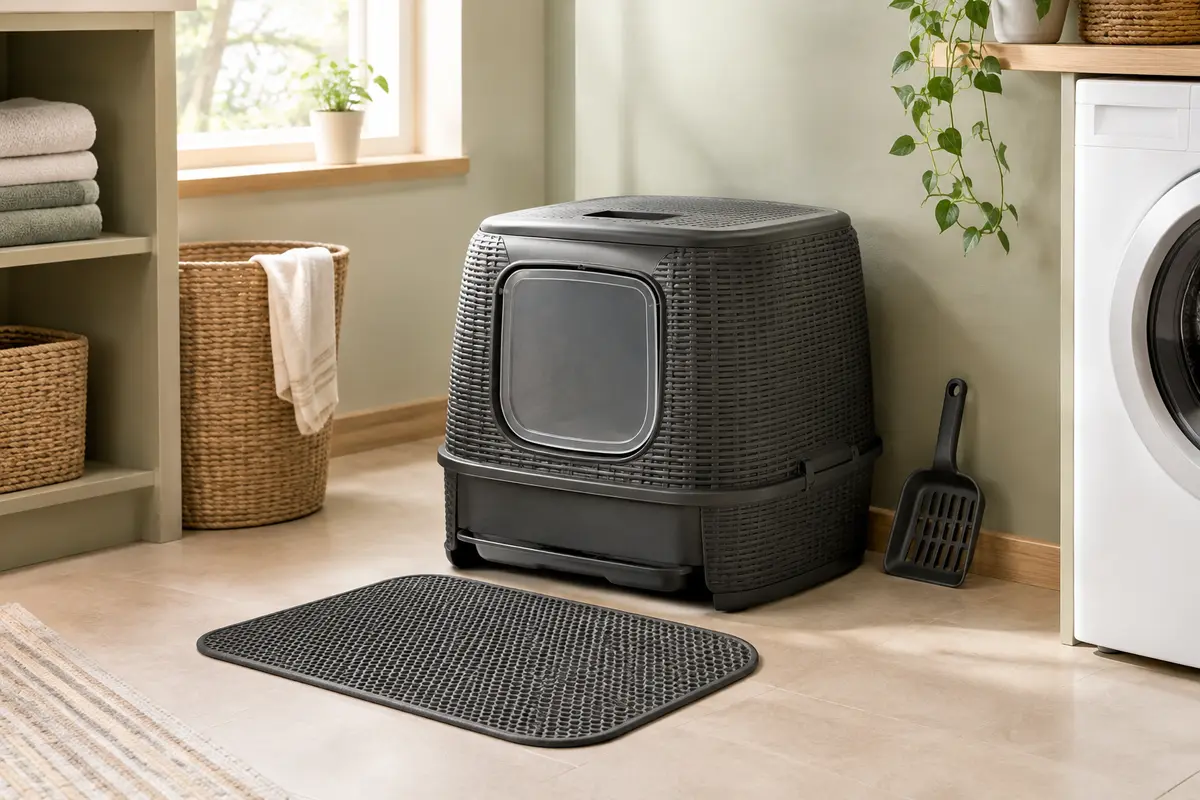 Maison de toilette Curver anthracite effet rotin avec tiroir, pelle et tapis dans un intérieur lumineux.