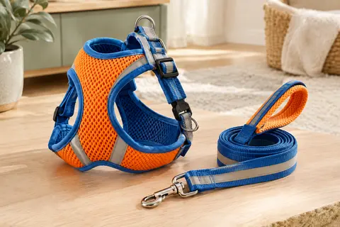 Harnais pour petit animal en maille orange et bleue avec bandes réfléchissantes et laisse assortie