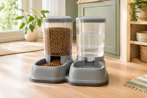 Ensemble gris de distributeurs Edipets pour croquettes et eau, avec réservoirs amovibles et bases antidérapantes.