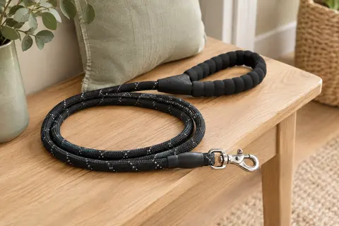 Laisse noire pour chien en corde, avec poignée rembourrée, fils réfléchissants et attache métallique pivotante.