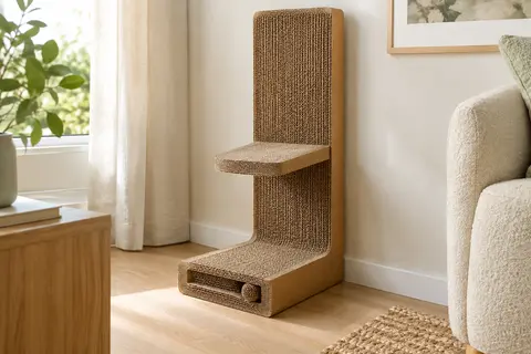 Griffoir vertical pour chat en carton ondulé marron, en forme de L, avec une balle jouet