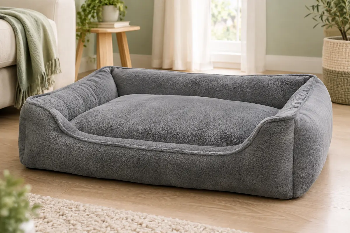 Panier rectangulaire gris EHEYCIGA en polaire, avec rebords surélevés, dans un intérieur lumineux