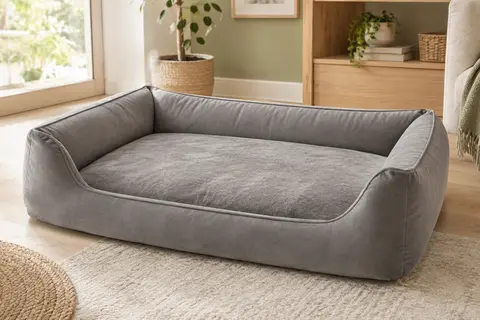 Panier gris rectangulaire pour chien avec traversins sur trois côtés, posé dans un intérieur lumineux