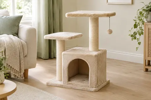 Arbre à chat beige compact avec niche, plateforme, balle suspendue et colonnes en sisal dans un intérieur lumineux.