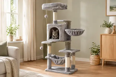 Arbre à chat gris clair à plusieurs niveaux avec niche, hamac en peluche, plateformes et pompons suspendus