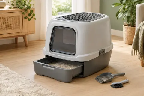 Bac à litière Feandrea gris clair et gris foncé avec dessus grillagé dans un intérieur lumineux.