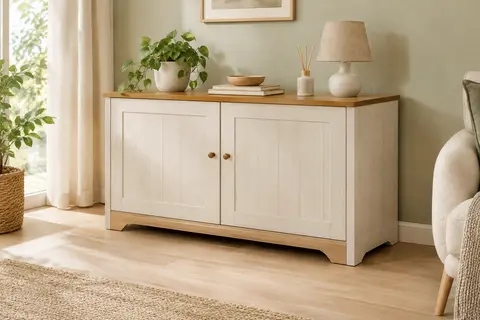Meuble litière Feandrea blanc rustique et marron miel présenté dans un intérieur clair et chaleureux.