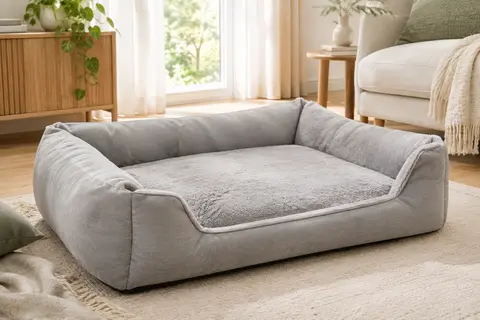 Panier canapé gris clair pour chien, avec centre en peluche et bords rembourrés, dans un intérieur lumineux.
