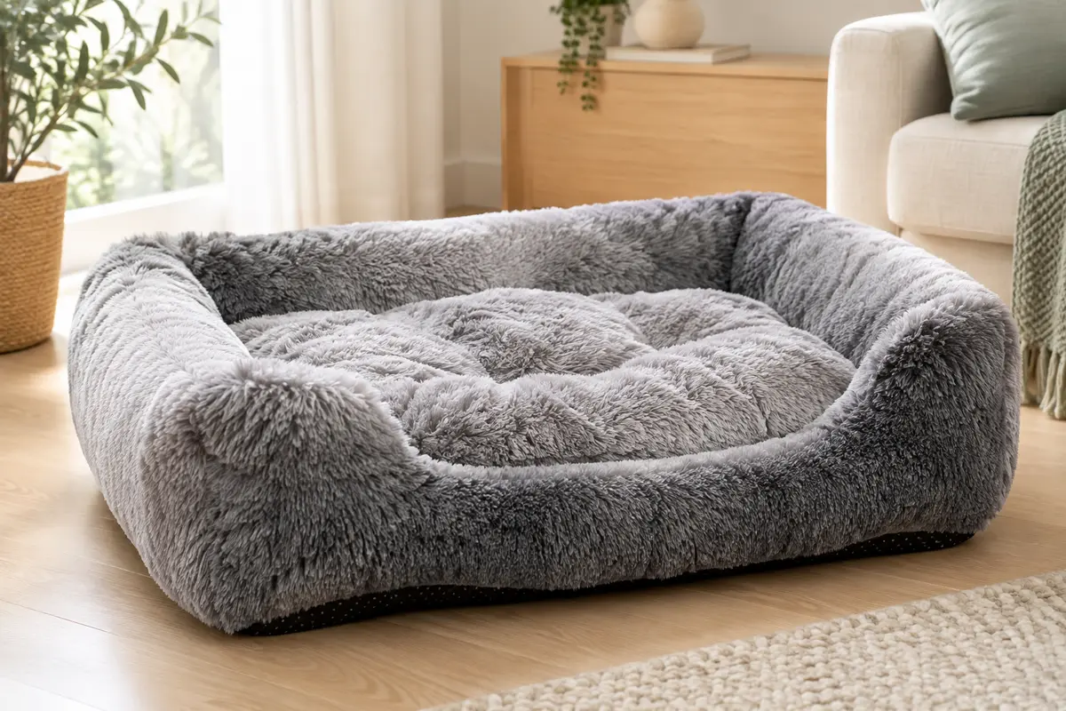 Panier pour chien Feandrea gris en peluche, posé dans un intérieur lumineux aux tons crème et bois clair.
