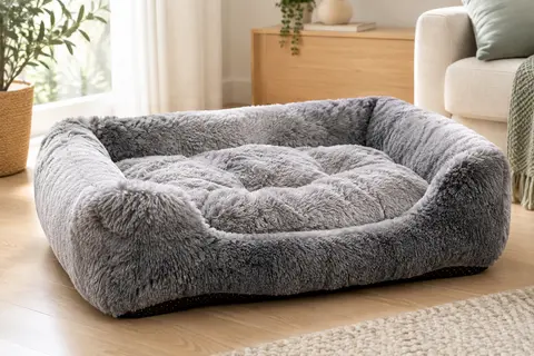 Panier pour chien Feandrea gris en peluche, posé dans un intérieur lumineux aux tons crème et bois clair.