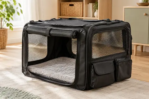 Sac de transport Feandrea noir déplié, avec trois ouvertures en filet et un tapis doux amovible.