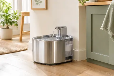 Fontaine à eau FEELNEEDY en acier inoxydable avec filtre visible, posée dans une cuisine claire.