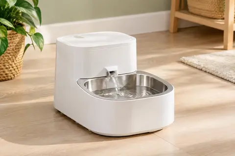 Fontaine à eau blanche FeelNeedy avec bol en inox, posée dans un intérieur lumineux et sobre.