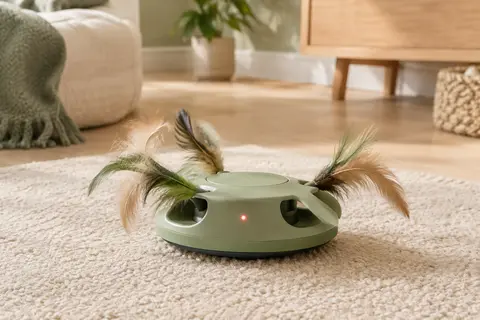 Jouet interactif vert pour chat avec plumes mobiles et lumière rouge, posé dans un intérieur lumineux