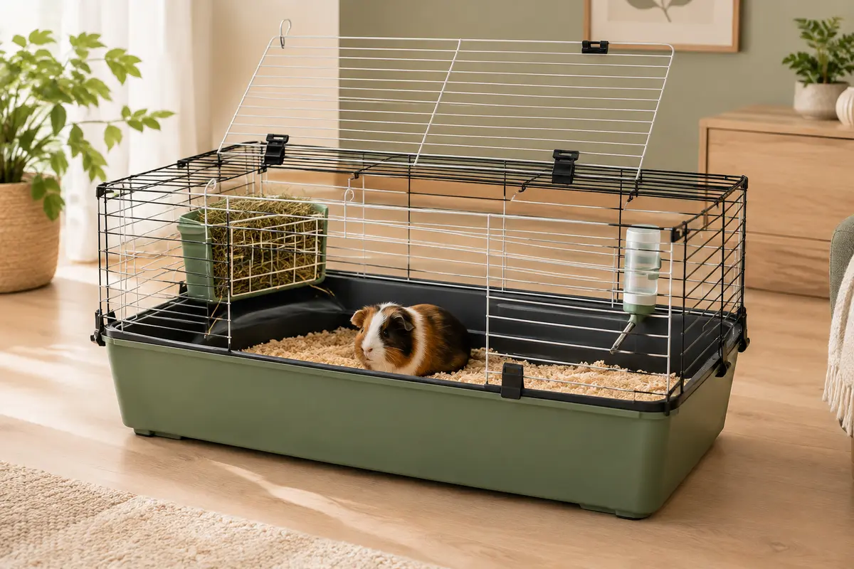 Cage pour cochon d’Inde à grille métallique relevable, bac plastique, râtelier et abreuvoir dans un intérieur clair.