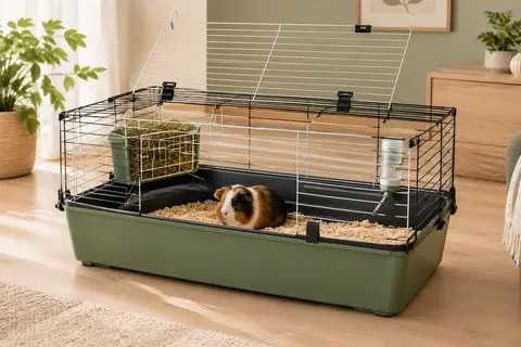 Cage pour cochon d’Inde à grille métallique relevable, bac plastique, râtelier et abreuvoir dans un intérieur clair.