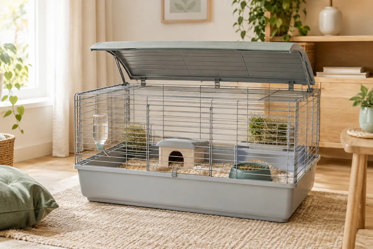 Cage grise pour rongeur avec bac en résine, porte coulissante et toit arrondi relevable
